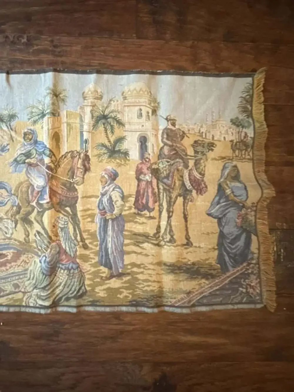 Vintage Woven Tapestry Middle Eastern Market Scene Size 33x18